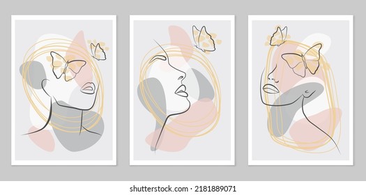 Modern minimalistic abstract aesthetic illustrations. Wall decor in bohemian style. Collection of modern art posters. Composition of simple figures.