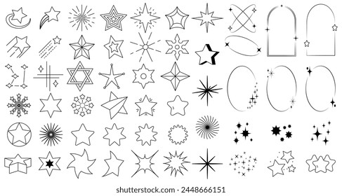 Modern minimalistic aesthetic linear elements, fashionable linear frames with stars, geometric shapes. A simple set of boho vector frames, a collection of retro futuristic icons. A set of star shapes.