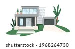 Modern minimalistic architecture of block house with garage. Building exterior of contemporary villa. Private real estate. Colored flat graphic vector illustration isolated on white background