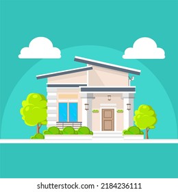 Modern minimalistic architecture of block house with garage. Building exterior of contemporary villa. Private real estate. Colored flat graphic vector illustration isolated on tosca background