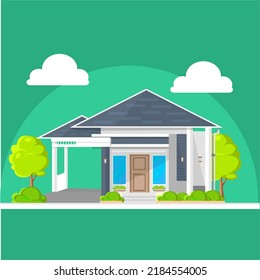 Modern minimalistic architecture of block house with garage. Building exterior of contemporary villa. Private real estate. Colored flat graphic vector illustration isolated on green background