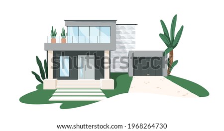 Modern minimalistic architecture of block house with garage. Building exterior of contemporary villa. Private real estate. Colored flat graphic vector illustration isolated on white background