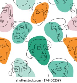Modern minimalistic art seamless pattern of continuous line drawing faces and colorful abstract shapes. Vector trendy outline hand drawn portraits illustration 