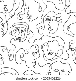 Modern minimalistic art seamless pattern of continuous line drawing faces. Vector trendy outline hand drawn portraits illustration