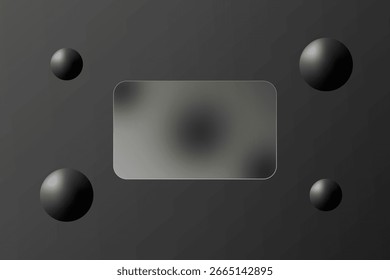 Modern minimalistic background with a transparent frame and 3D spheres on a gray background.
