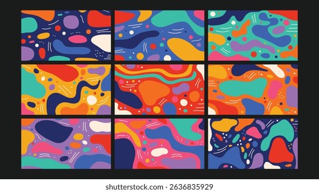 Modern minimalistic backgrounds with abstract waves, geometric shapes, and vibrant colors perfect for posters, social media, web pages, and promotional materials, offering dynamic visual impact.