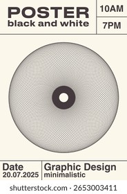 Modern Minimalistic Black and White Graphic Poster featuring a hypnotic geometric pattern in a clean, minimalistic layout. Perfect for design exhibitions, creative events, or artistic announcements.