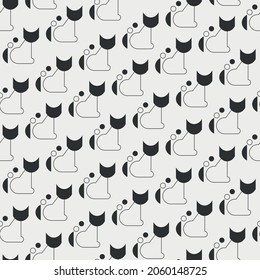 Modern Minimalistic Black And White Pattern With Cats. Black And White Modern Poster. Abstract Wall Art. Digital Art Of Interior Decoration For Print. Abstract Geometric Minimal Poster 