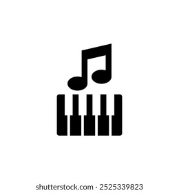 Moderno, minimalista ícone de vetor preto e branco com notas de música e teclas de piano.