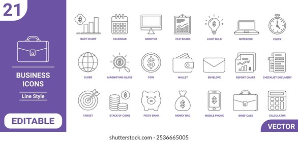 Conjunto de iconos de negocios modernos y minimalistas en estilo de línea, con 21 iconos vectoriales editables. Incluye Elementos esenciales de negocios como maletín, gráficos, dinero, cartera, objetivo y más.