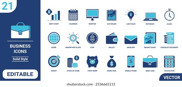 Conjunto de iconos de negocios modernos y minimalistas en estilo sólido, con 21 iconos vectoriales editables. Incluye Elementos esenciales de negocios como maletín, gráficos, dinero, cartera, objetivo y más.