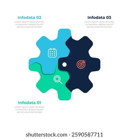 Modern and minimalistic business infographic with 3 interlocking gears in blue, navy Blue  and green. Vector illustration.