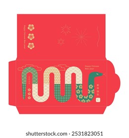 Modern minimalistic Chinese new year 2025 lucky money pocket for the year of the Snake. Trendy geometric red envelope for presents. Translation - happy new year, the Snake. Vector template