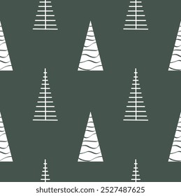 Modern minimalistic Christmas and New Year's  seamless pattern of abstract geometric  Christmas trees, on green background. Wrap for gifts, textile, fabric