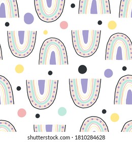 Modern minimalistic cute pattern with abstract rainbow. Seamless pattern in pastel colors for kids, wrapping paper, hobbies, fabrics. Vector illustration isolated on white background