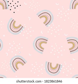 Modern minimalistic cute pattern with abstract rainbow on pink background. Seamless pattern in pastel colors for kids, wrapping paper, hobbies, fabrics. Vector illustration isolated on white