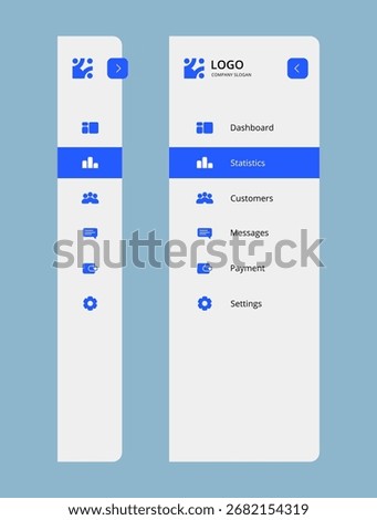 Modern and minimalistic dashboard menu interface design. Clean user interface (UI) with sidebar navigation, icons, and menu items for managing admin panels. Suitable for UX, UI projects.