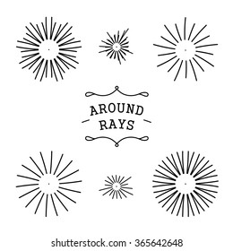 Modern minimalistic design around rays. Set simple black and white circle sunbeam. Vector mono line 