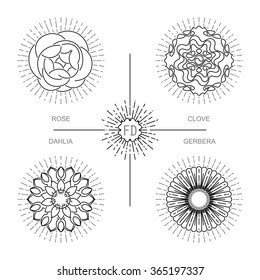 Modern minimalistic design a gerbera, dahlia, clove and rose. Four stylized flowers for logo, sign boards,
 frames, packaging and other decoration. Vector mono line 