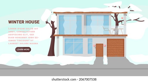 Modern minimalistic family house in winter season. Construction of contemporary architecture. Real estate in nature.