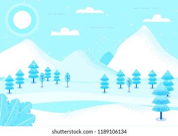 Modern minimalistic flat fantasy trees mountains landscape in winter,textured vector design, Happy New Year and Merry Christmas concept