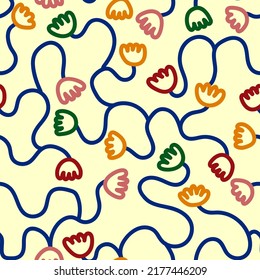 Modern minimalistic floral pattern with intertwined multicolor flowers on white background. Cute  floral print in naive style for dresses ,fabric design, wallpaper, wrapping paper
