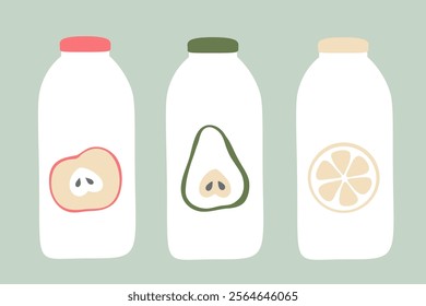 Modern Minimalistic Fruit Set, apple, pear, orange, lime, citrus, grapefruit  in simple flat style isolated on white background. Collection of vector fruit juice bottle.