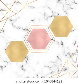 Modern minimalistic geometric design. Foil hexagons, gold triangles lines and white marble texture. Template for designs banner, card, flyer, invitation, party, birthday, wedding, placard, magazine
