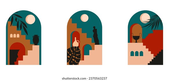 Modern minimalistic Greek abstract art landscape. Vases, Harp, Mask, Landscape, Collection of modern art poster.