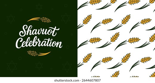Cartão de saudação moderno e minimalista com trigo em um fundo verde e padrão sem costura com trigo. Fundo vertical festivo e convites para Shavuot e Shavuot Sameach, primavera ou outono.