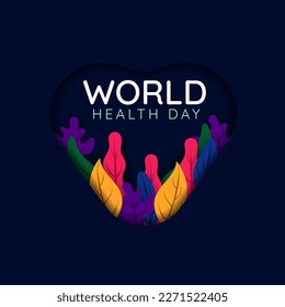 Modern minimalistic greeting card for world health day april 7th, heart shape with colorful leaves decoration