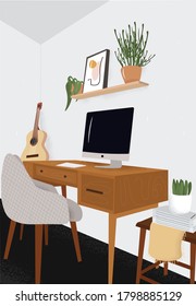 Modern minimalistic hand drawn  
cabinet interior vector flat illustration. 
White walls, a wooden table, a computer, a shelf with flowers, magazines and a guitar. Inside panorama of cabinet at house