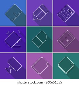Modern minimalistic icons vector collection with long shadow effect in stylish colors of business elements, office equipment and marketing items.