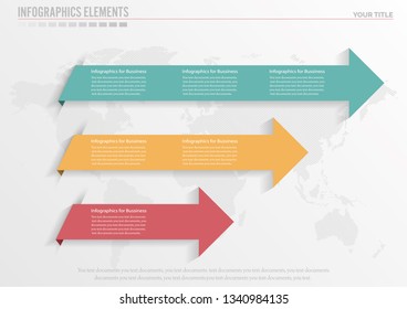 Modern minimalistic infographics. Big paper arrow of 3 colored horizontal strips.Arrow infographic concept. Business template with 3 steps,