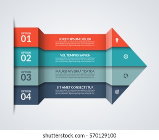 Modern Minimalistic Infographics. Big Paper Arrow Of 4 Colored Horizontal Strips. Can Be Used For Graph, Chart, Step Options, Web Design. Vector Layout Template