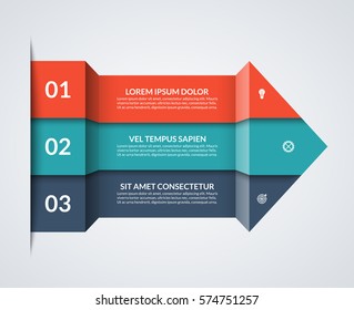 Modern minimalistic infographics. Big paper arrow of 3 colored horizontal strips. Can be used for graph, chart, step options, web design. Vector layout template