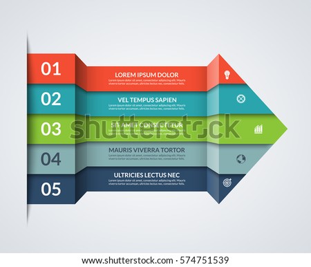 Modern minimalistic infographics. Big paper arrow of 5 colored horizontal strips. Can be used for graph, chart, step options, web design. Vector layout template