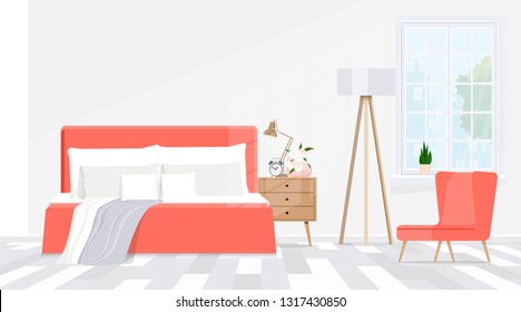 Modern minimalistic interior design bedroom in coral tones. Vector flat illustration.