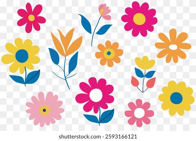 modern minimalistic isolated retro flowers in bright pastel pink yellow orange blue tones with elegant leaves perfect for textiles, wallpapers and web postcard design