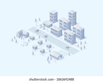 Moderne, minimalistische, isometrische Illustration eines weißen Tonpapierteils der Stadt mit gewöhnlichen Gebäuden, Stallungen, Wohnblöcken, Wohngebäuden und Autos. Mit der Möglichkeit der Anpassung