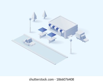 Modern minimalistic isometric illustration of clay paper white part of Shop with car, houses and forest. With the possibility of customization. Suitable for web or presentation. Vector.