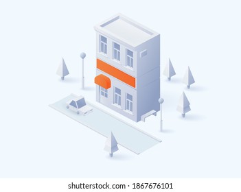 Modern minimalistic isometric illustration of clay paper white part of Hotel with car and trees. With the possibility of customization. Suitable for web or presentation. Vector.