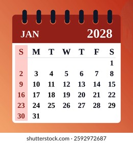 Modern and minimalistic January 2028 calendar. Perfect for planning New Year’s resolutions, managing winter schedules, and organizing daily tasks.