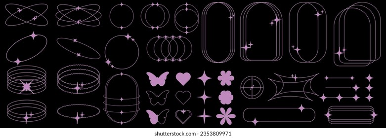 Modern minimalistic linear shapes. Arched frames with stars, heart, butterfly, geometric shapes., trendy linear frames with stars, geometric shapes. Vector illustration.