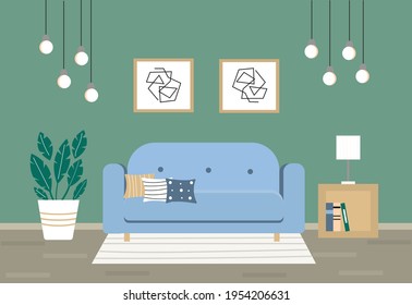 Modern minimalistic living room interior with sofa, lamps, table, carpet. Vector illustration. Flat style.