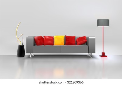 Modern Minimalistic Living Room Interior With Realistic Couch Lamp And Vase Vector Illustration