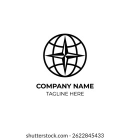 A modern and minimalistic logo design featuring a stylized globe with a compass star at the center.