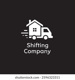 A modern and minimalistic logo design for a shifting or moving company. The logo features a moving truck carrying a house, symbolizing relocation, transportation, and logistics services. The dynamic m