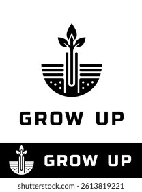 A modern, minimalistic logo design symbolizing growth, nature, and development, featuring a plant sprouting from soil with upward arrows