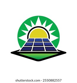 Un moderno icono de logotipo minimalista con un sol brillante sobre una rejilla de paneles solares, que simboliza la energía limpia. Su elegante diseño destaca la sostenibilidad de las energías renovables y la innovación ecológica